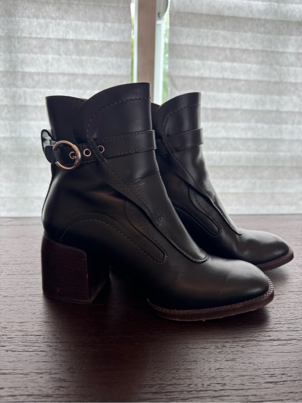 Chloe Black Leather Ankle Booties with Buckle Detail